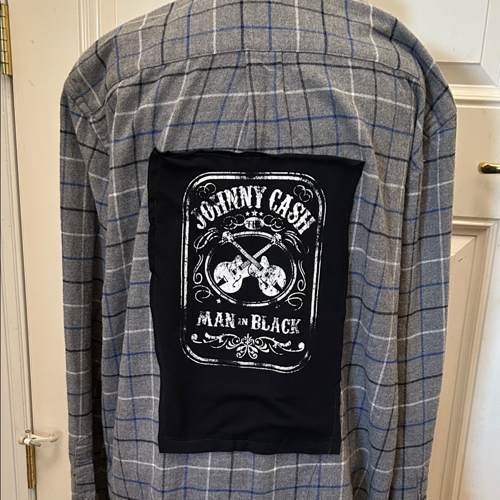 Upcycled Flannel Gray Checkered Shirt with Johnny Cash Graphic